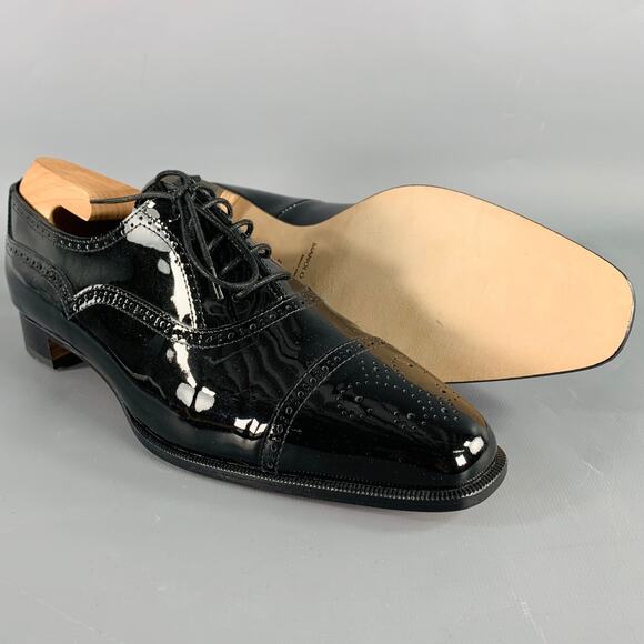 MANOLO BLAHNIK Size 10.5 Black Perforated Patent Leather Cap Toe Shoes - Picture 5 of 8